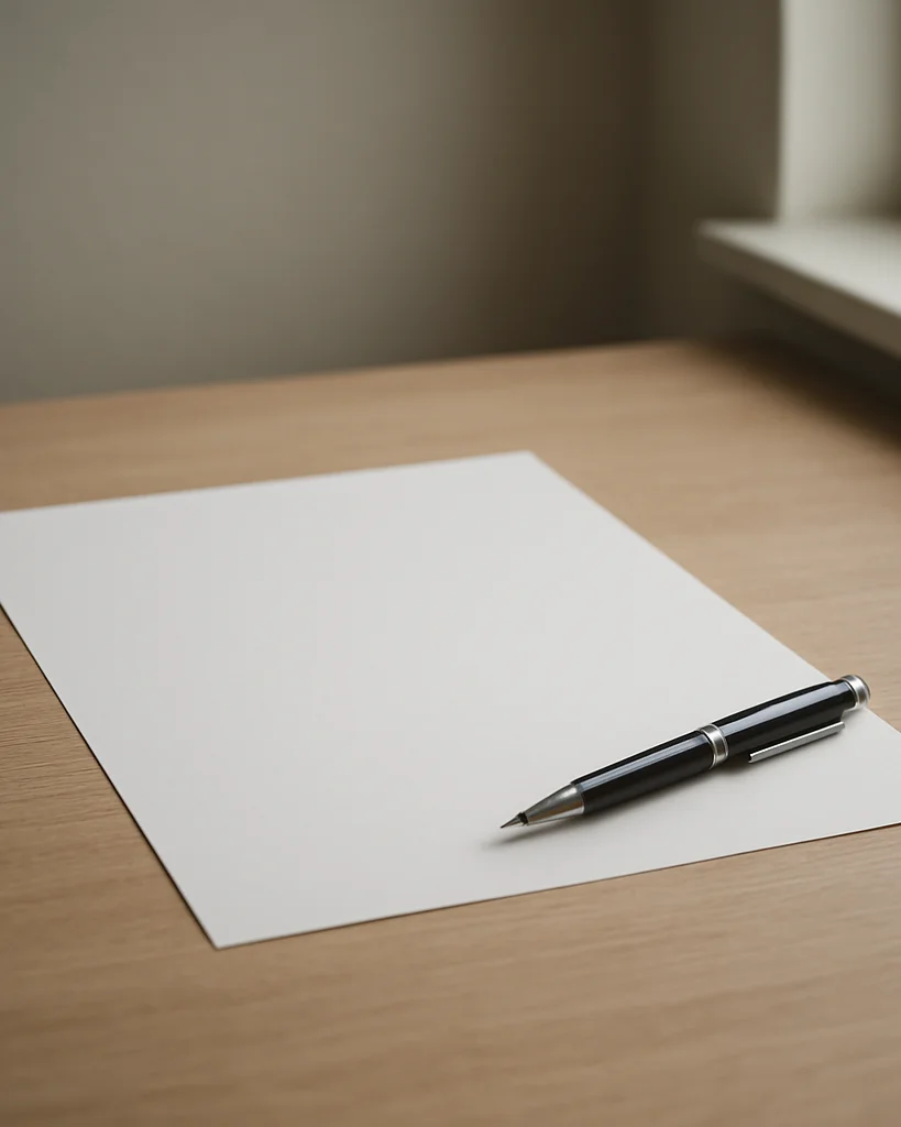 Restrained editorial still life of a plain desk surface with a single sheet of paper and a pen, soft natural daylight fr